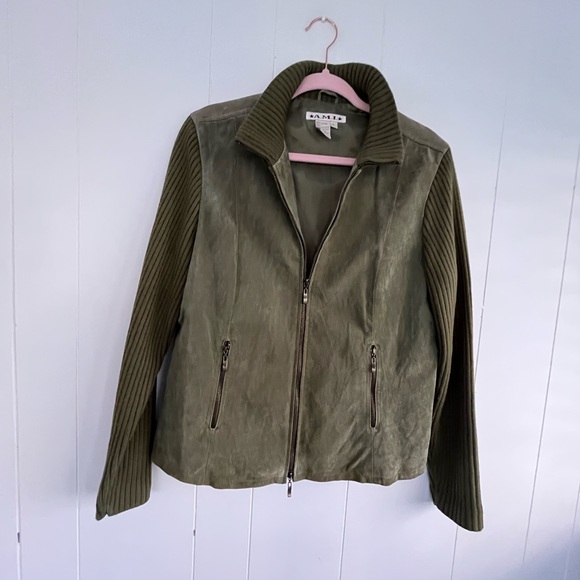 A.M.I. Olive Green Leather Jacket Texture Sleeves and Collar Size Large - Picture 7 of 16